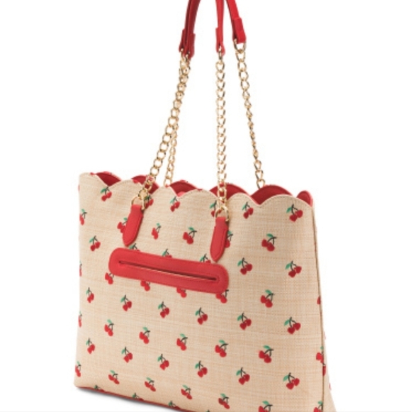 Betsey Johnson Embossed Cherry Hearts Straw Tote Bag - Picture 4 of 4
